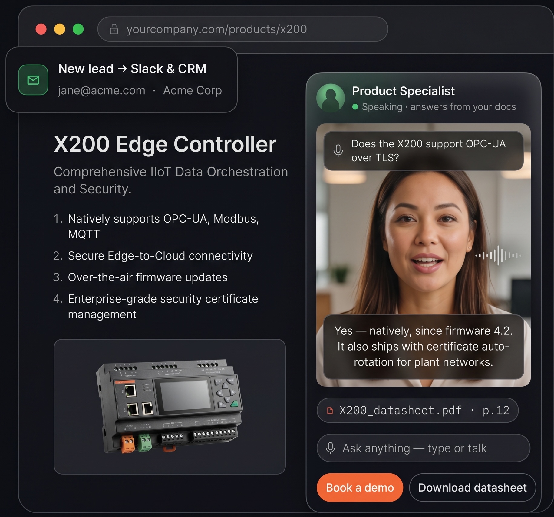 An AI Product Specialist answering a buyer's question on a product page, with a new lead pushed to Slack and CRM